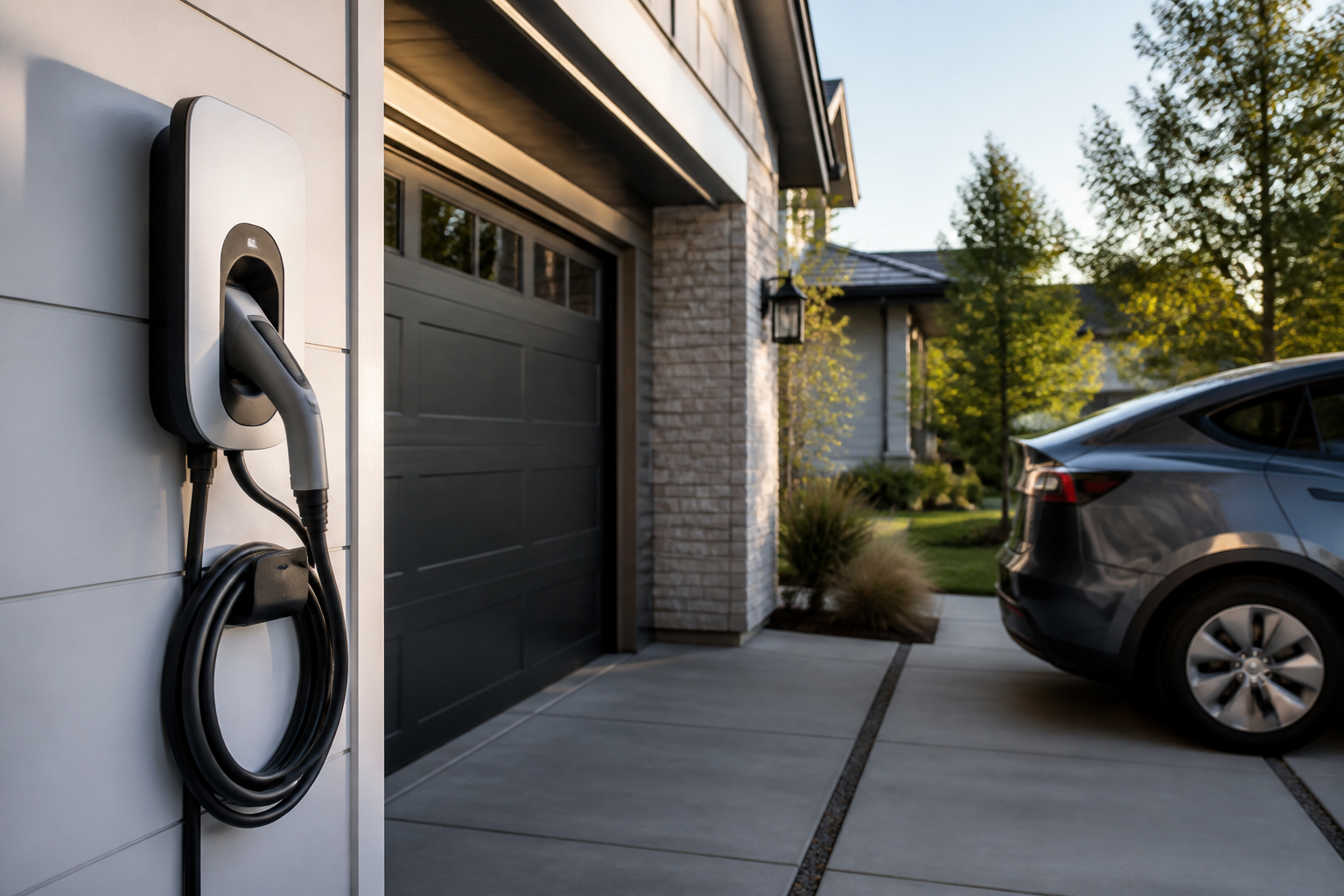 A modern electric vehicle charging station mounted on the exterior wall of a residential garage, with a charging cable neatly coiled. The surrounding area shows a well-maintained home and driveway.
