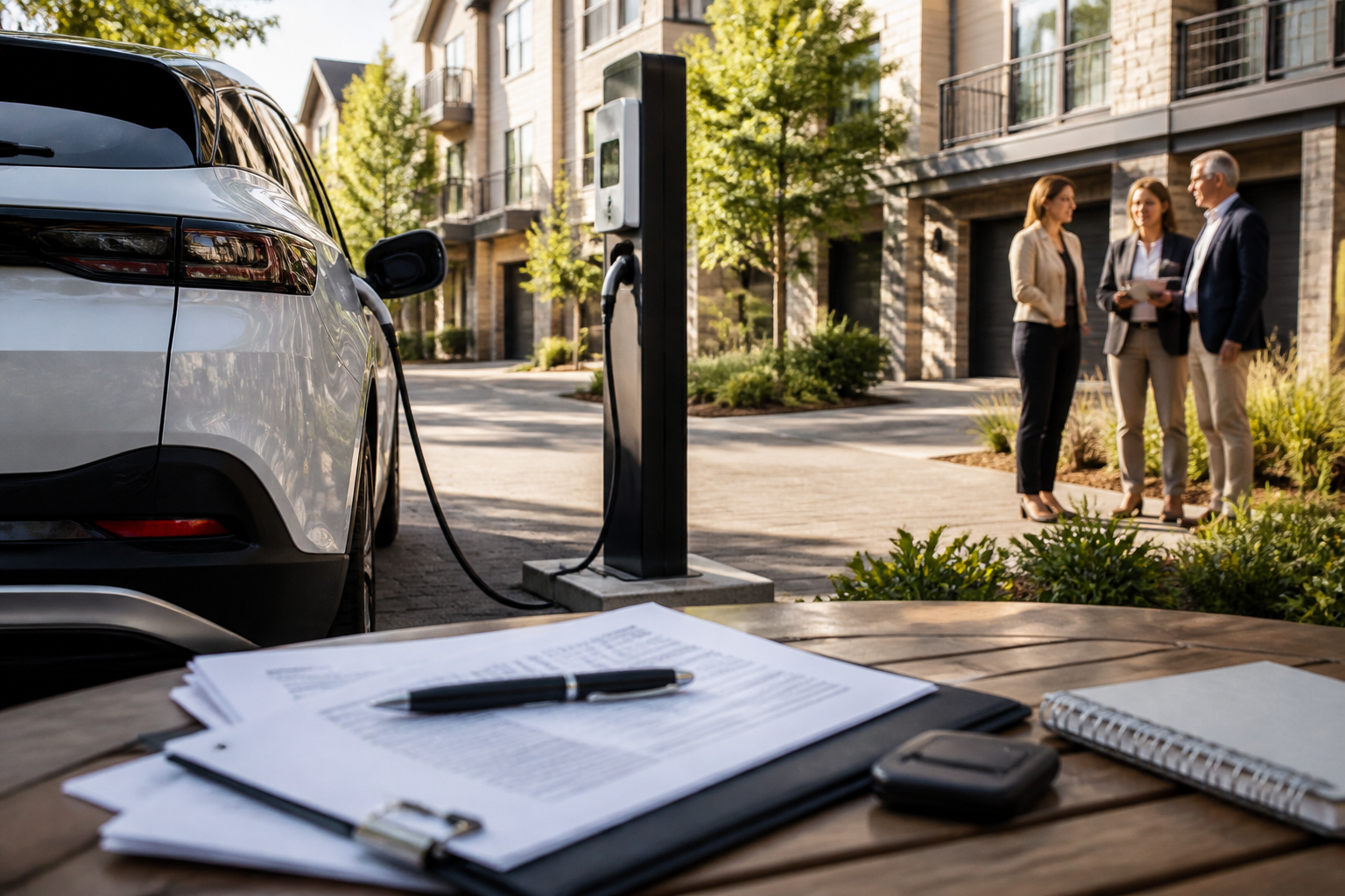 Electric vehicle parked near a modern charging station with insurance documents nearby