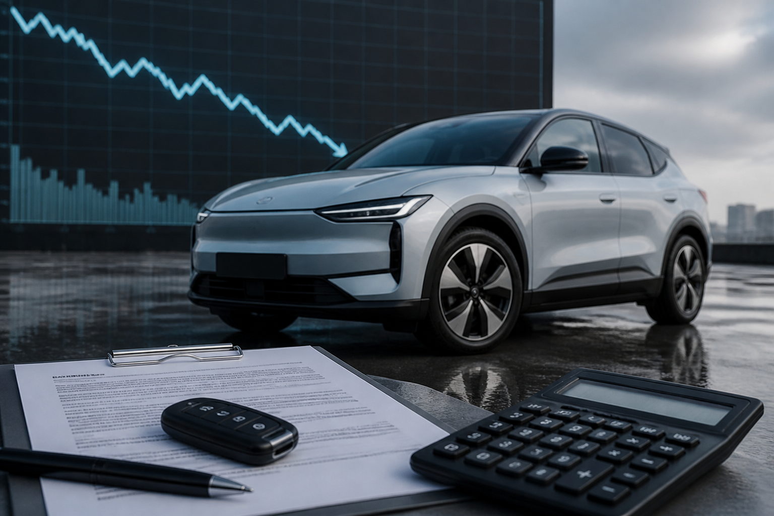 A modern electric vehicle parked in front of a digital graph showing a downward trend, symbolizing depreciation, with insurance documents and a calculator nearby.