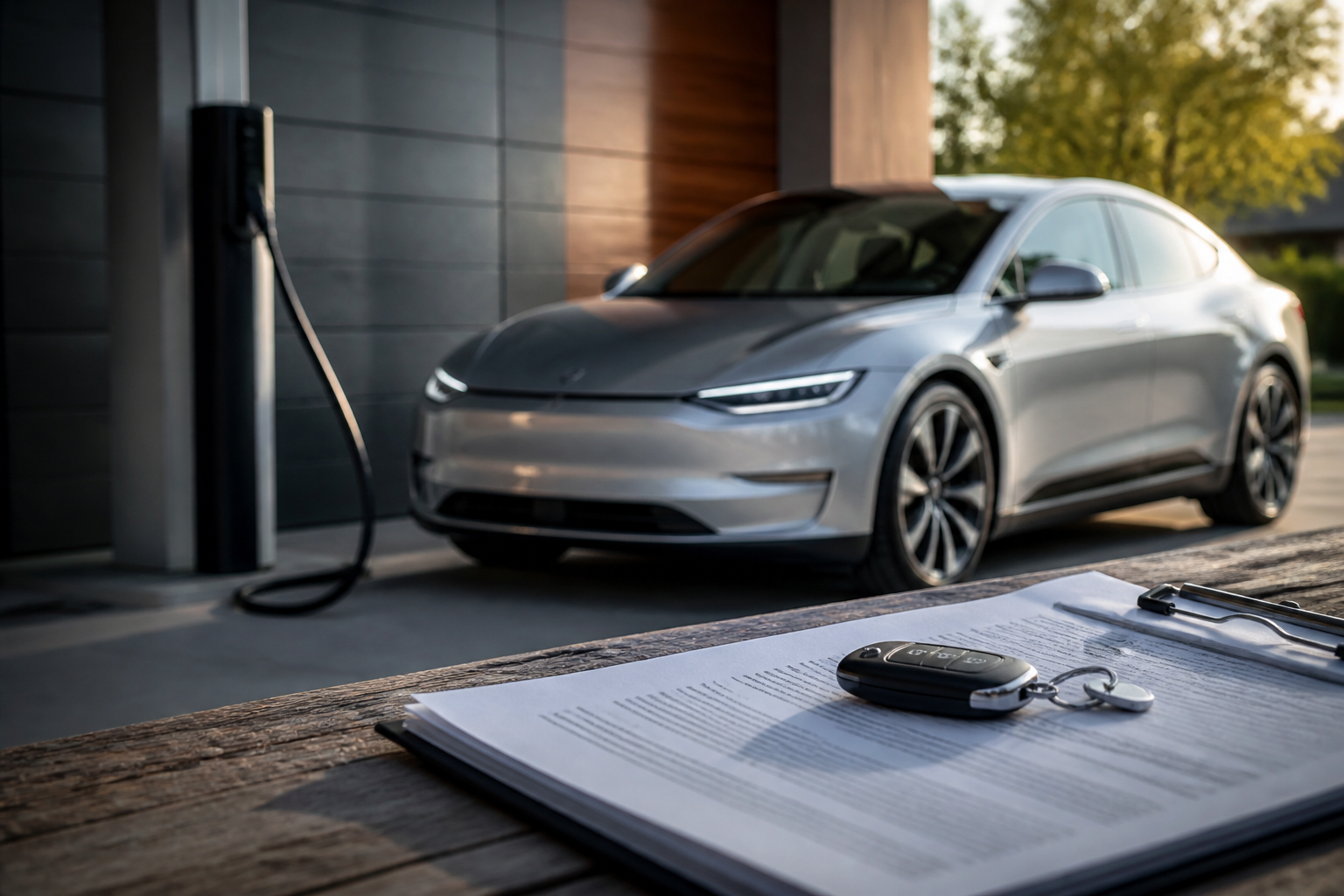 Electric vehicle parked near a modern charging station with insurance documents nearby