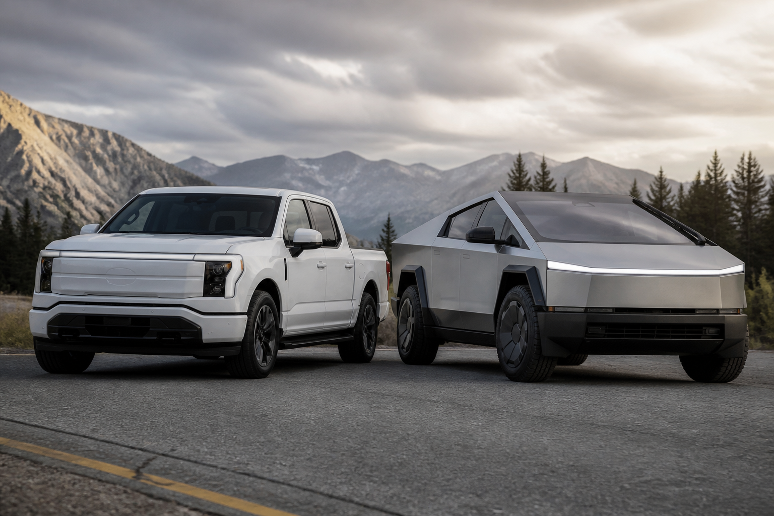 A side-by-side view of a white Ford F-150 Lightning and a silver Tesla Cybertruck parked on a road, illustrating their distinct designs and sizes.