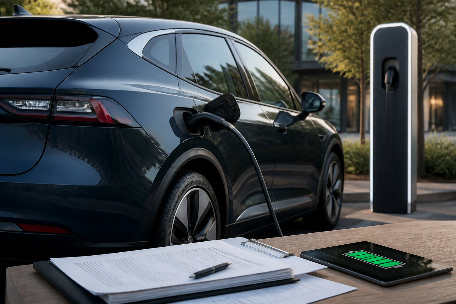 Electric vehicle parked near a modern charging station with insurance documents nearby