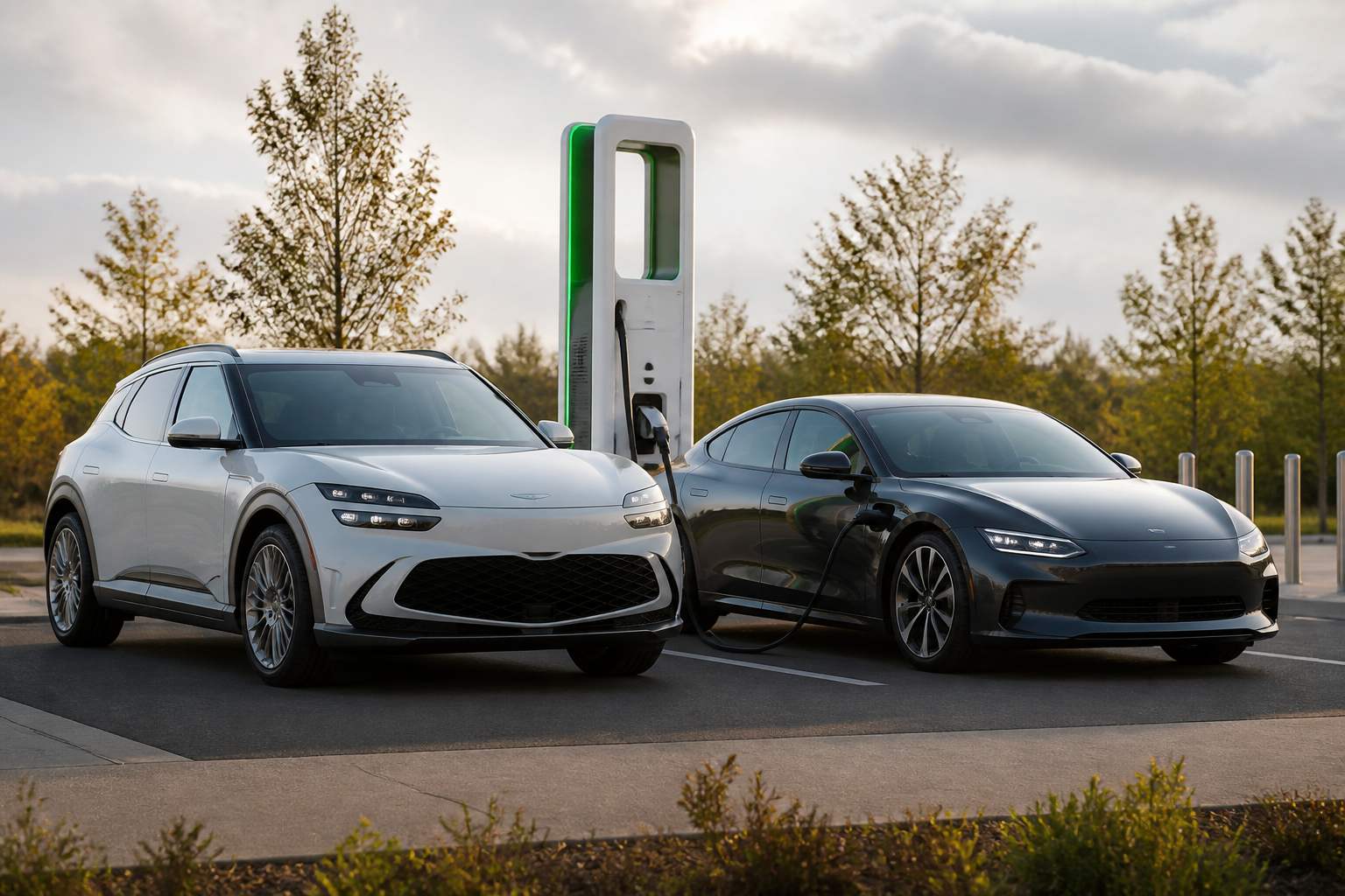 A side-by-side view of a sleek Genesis GV60 and a modern Hyundai Ioniq 6 parked at an electric vehicle charging station, with a charging cable connected to one of the cars.
