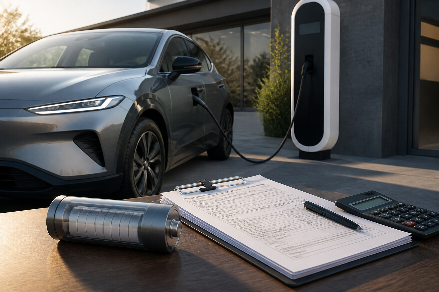 Electric vehicle parked near a modern charging station with insurance documents nearby