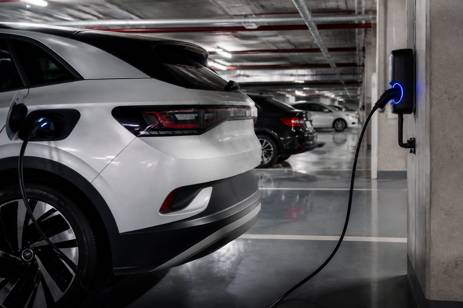 An electric vehicle plugged into a shared charging station in an underground apartment garage, with other cars parked nearby.