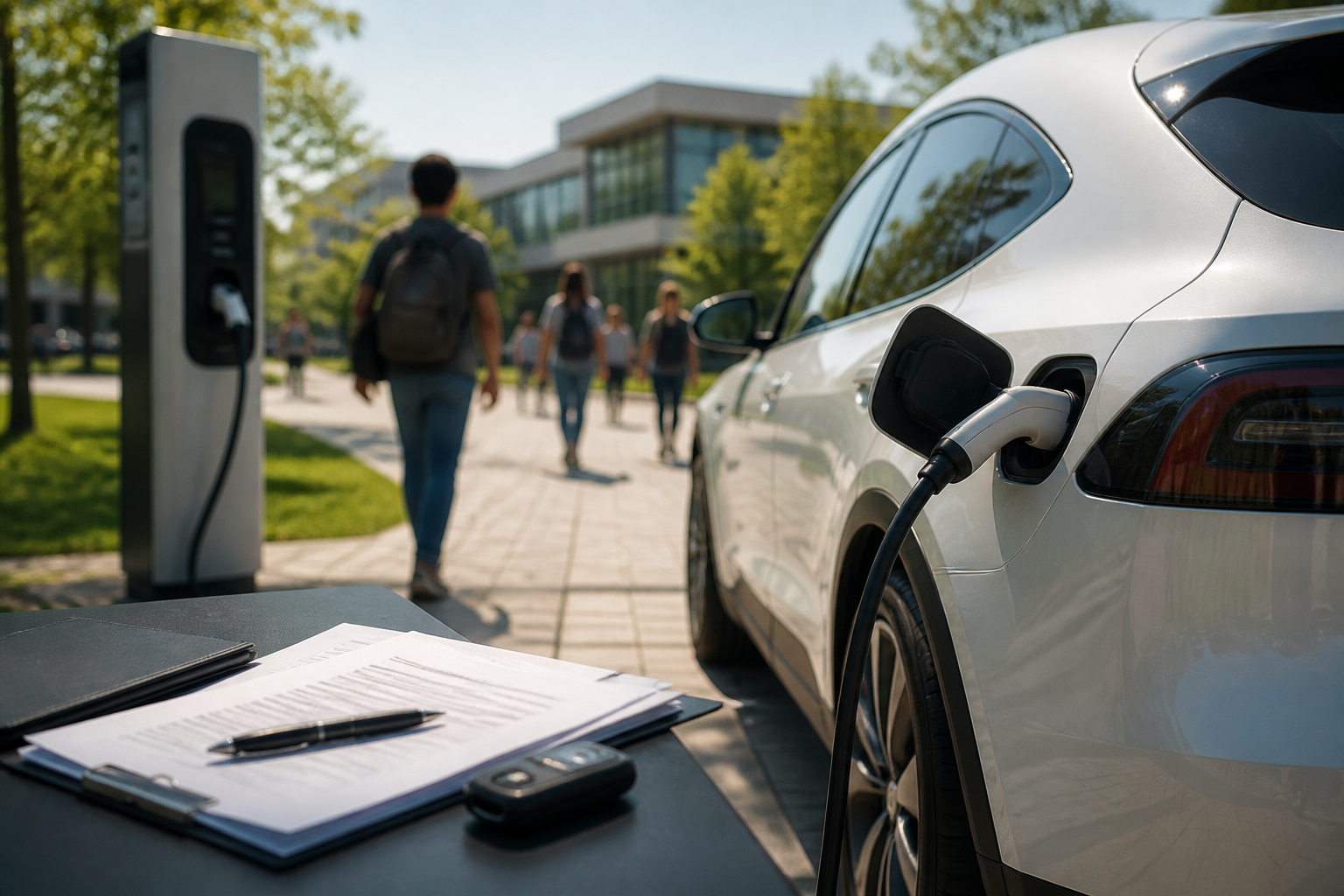 Electric vehicle parked near a modern charging station with insurance documents nearby