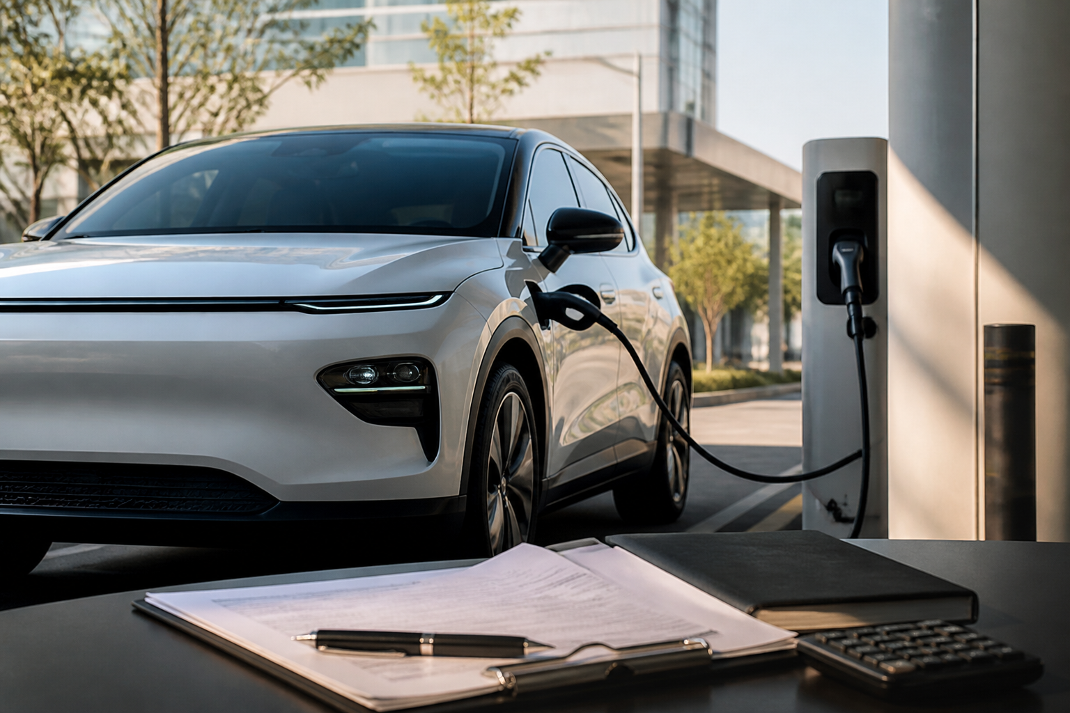 Electric vehicle parked near a modern charging station with insurance documents nearby