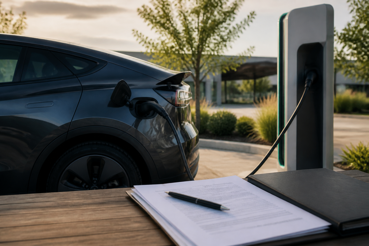 Electric vehicle parked near a modern charging station with insurance documents nearby