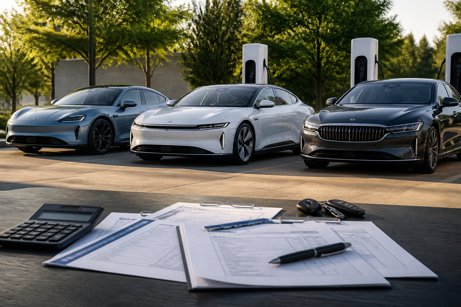 Electric vehicle parked near a modern charging station with insurance documents nearby