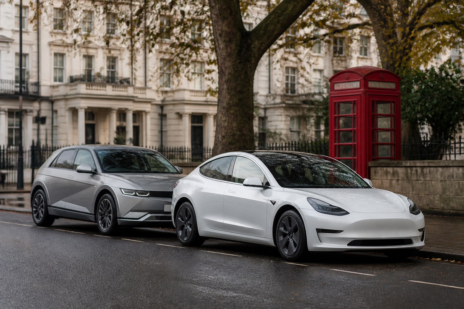 A white Tesla Model 3 parked next to a silver Hyundai Ioniq 5 on a UK street, with a typical British red phone booth in the background.