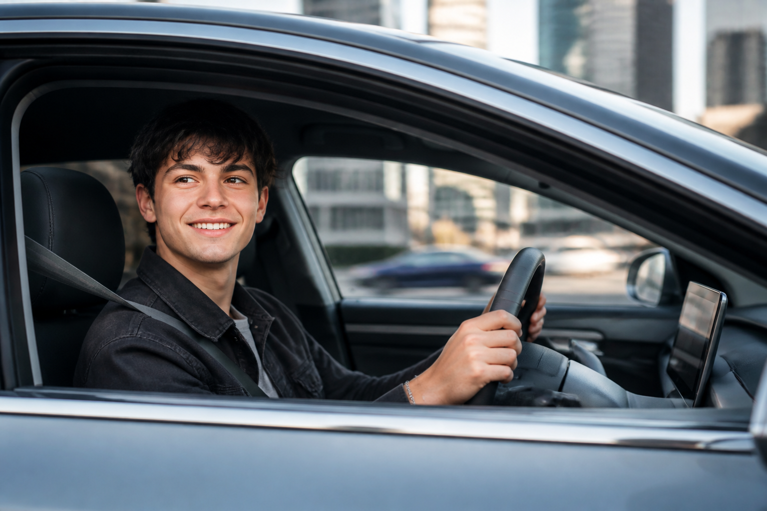 A young adult driver, under 25, smiling confidently behind the wheel of a modern electric vehicle, with a blurred urban background suggesting motion and independence.