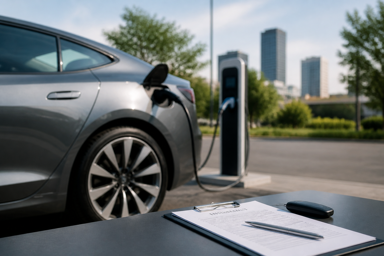 Electric vehicle parked near a modern charging station with insurance documents nearby