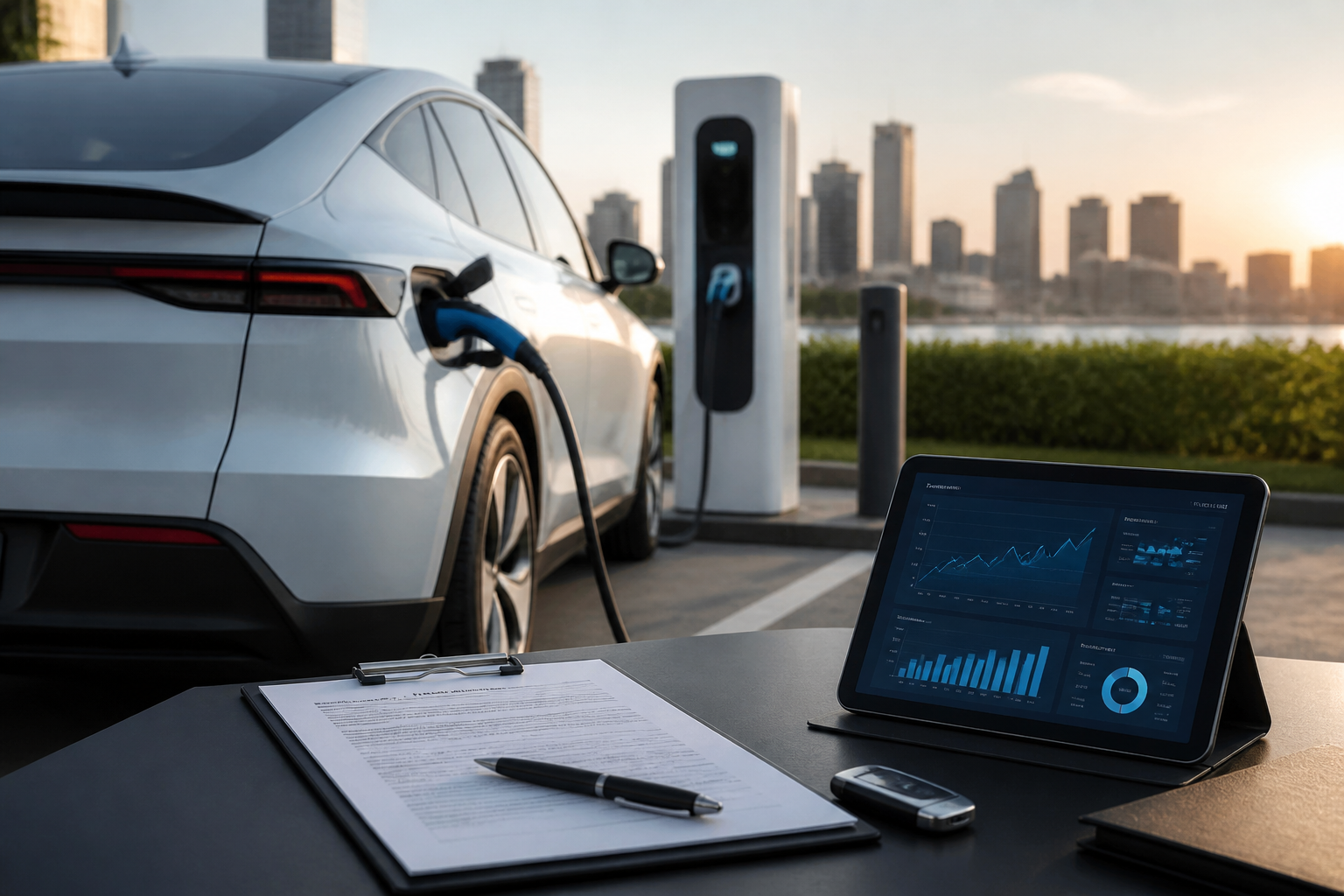 Electric vehicle parked near a modern charging station with insurance documents nearby
