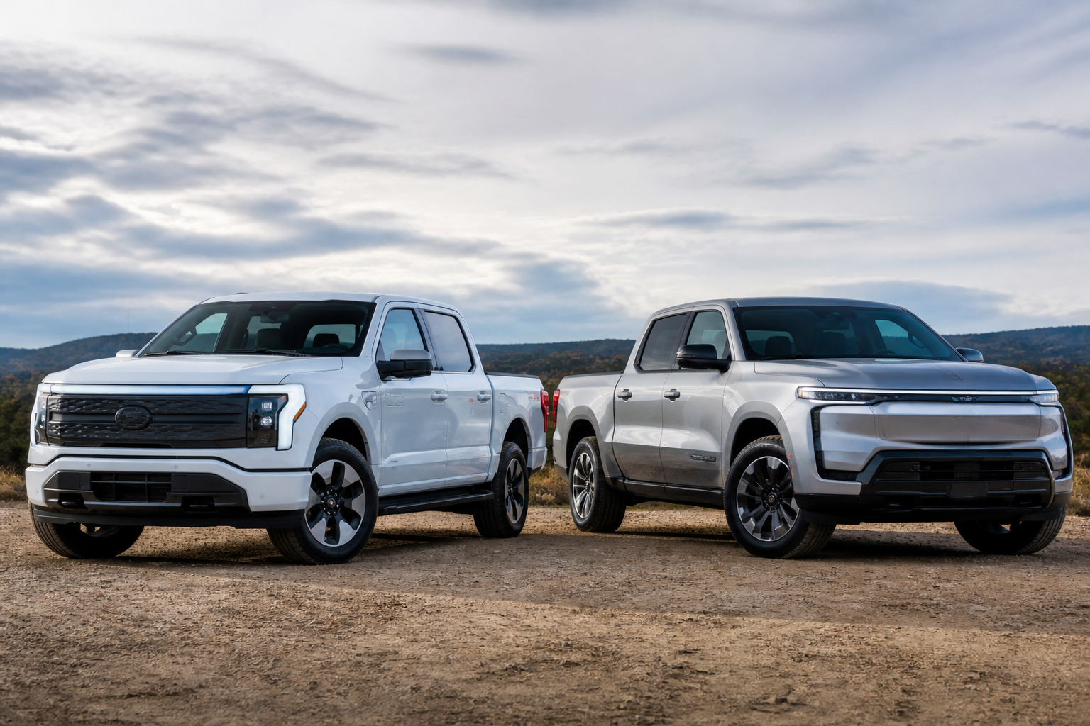 Side-by-side view of a white Ford F-150 Lightning and a silver Ram 1500 REV electric pickup truck parked outdoors, highlighting their distinct designs.