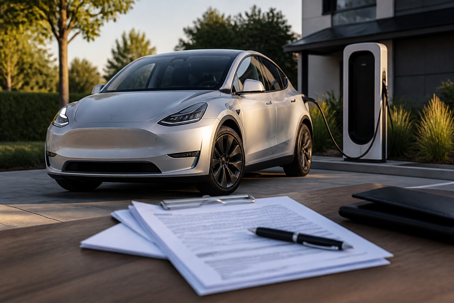 Electric vehicle parked near a modern charging station with insurance documents nearby