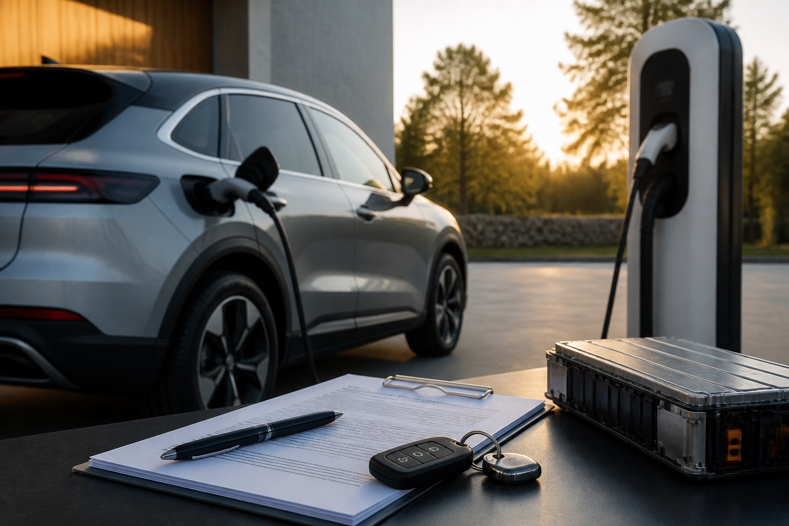 Electric vehicle parked near a modern charging station with insurance documents nearby