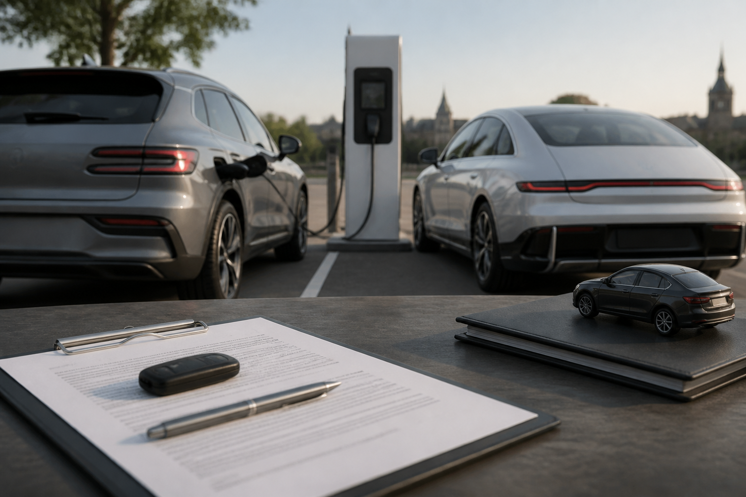 Electric vehicle parked near a modern charging station with insurance documents nearby