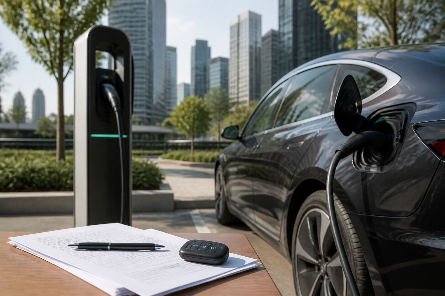 Electric vehicle parked near a modern charging station with insurance documents nearby