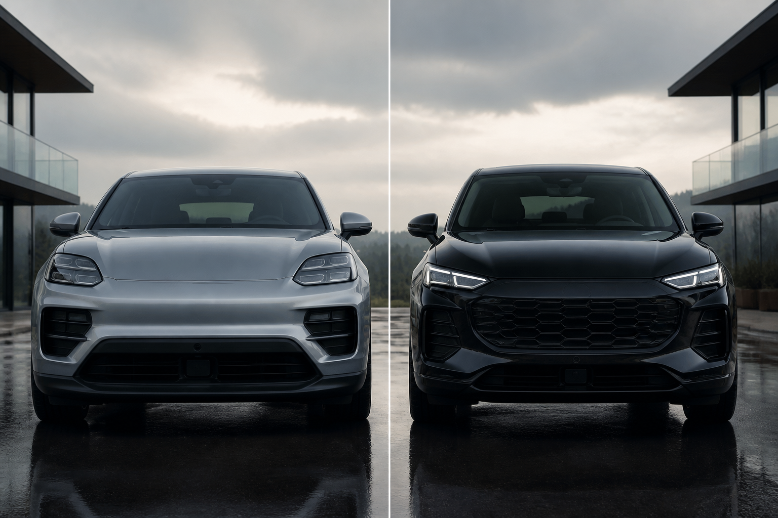 A split image showing the front profiles of a silver Porsche Macan EV and a black Audi Q6 e-tron, highlighting their distinct luxury designs.