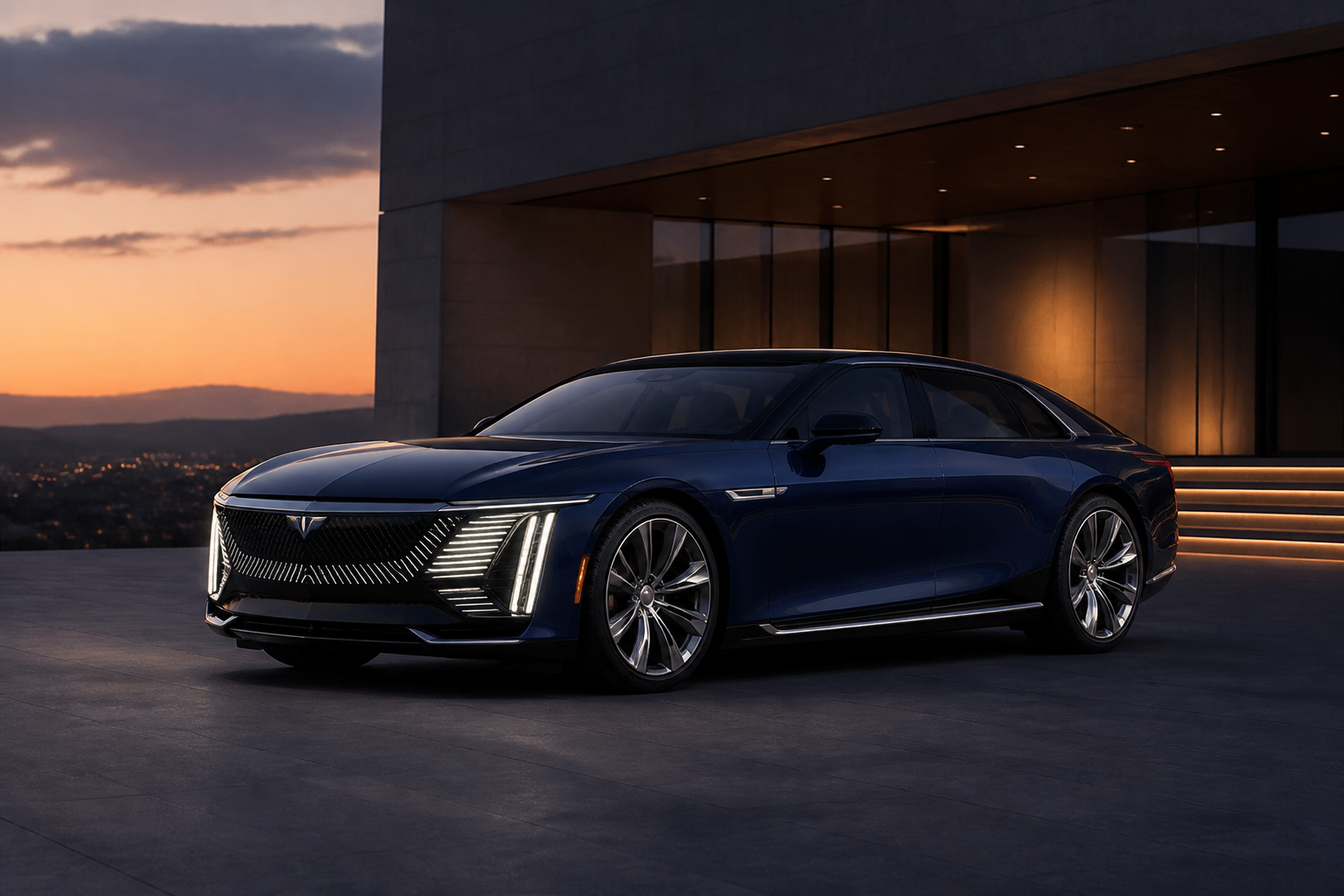 A sleek, dark blue Cadillac CELESTIQ electric vehicle parked in front of a modern, minimalist building at dusk, with its distinctive lighting elements illuminated.