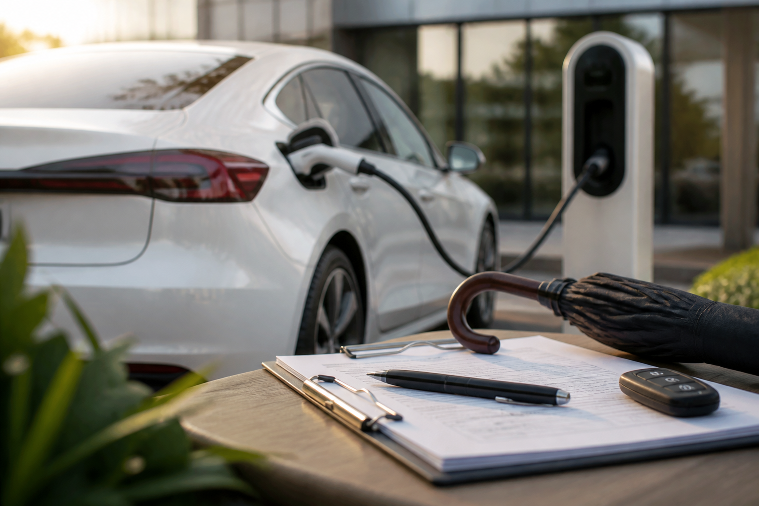 Electric vehicle parked near a modern charging station with insurance documents nearby