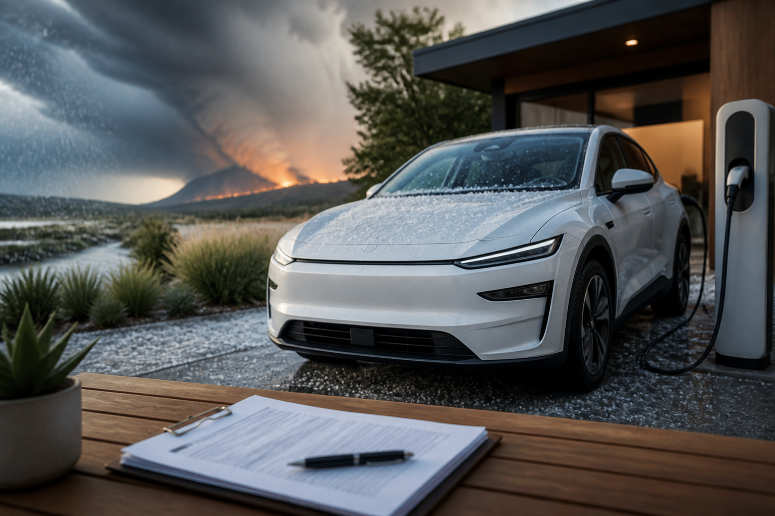 Electric vehicle parked near a modern charging station with insurance documents nearby