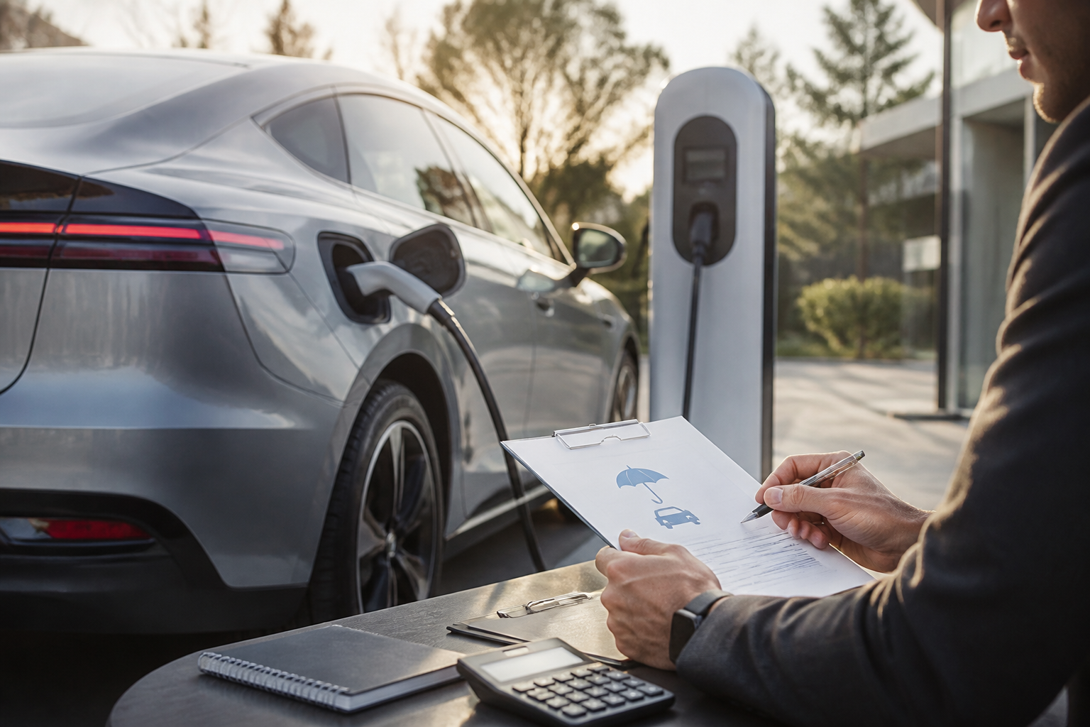 Electric vehicle parked near a modern charging station with insurance documents nearby