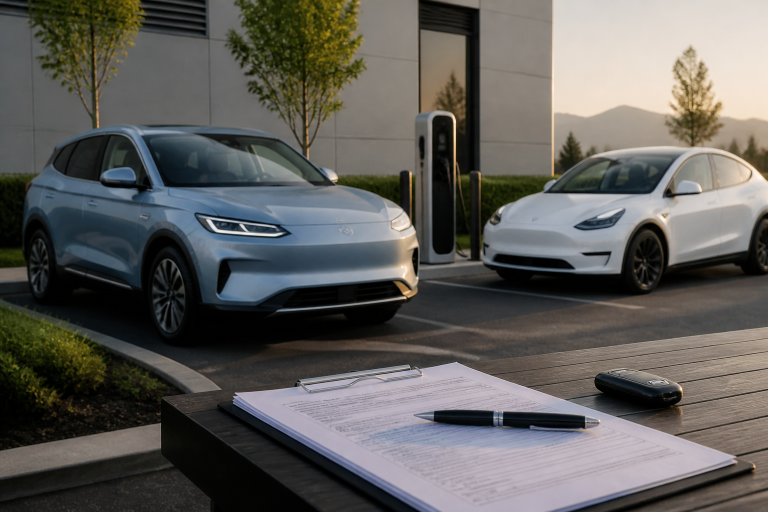 Electric vehicle parked near a modern charging station with insurance documents nearby