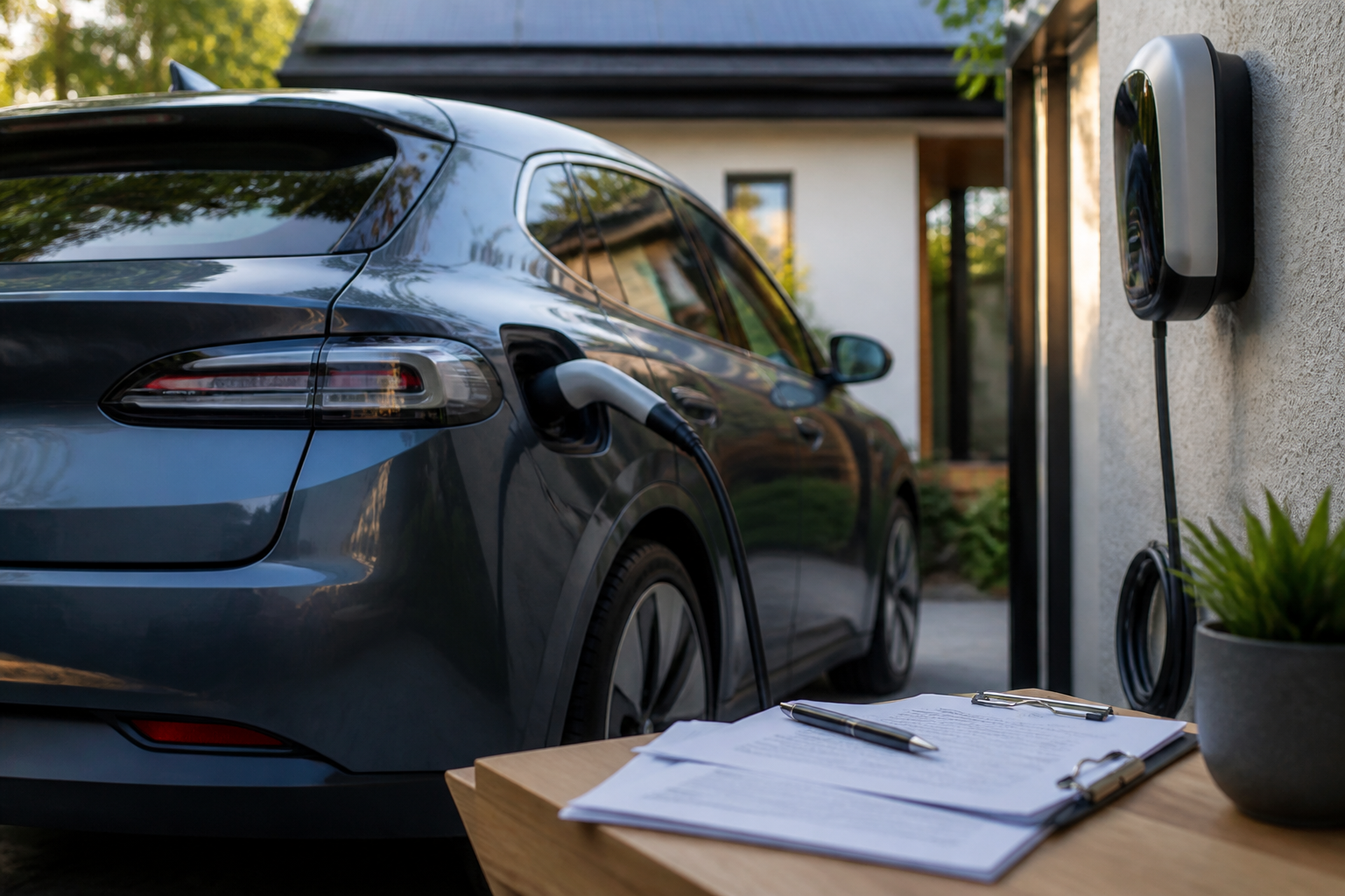 Electric vehicle parked near a modern charging station with insurance documents nearby