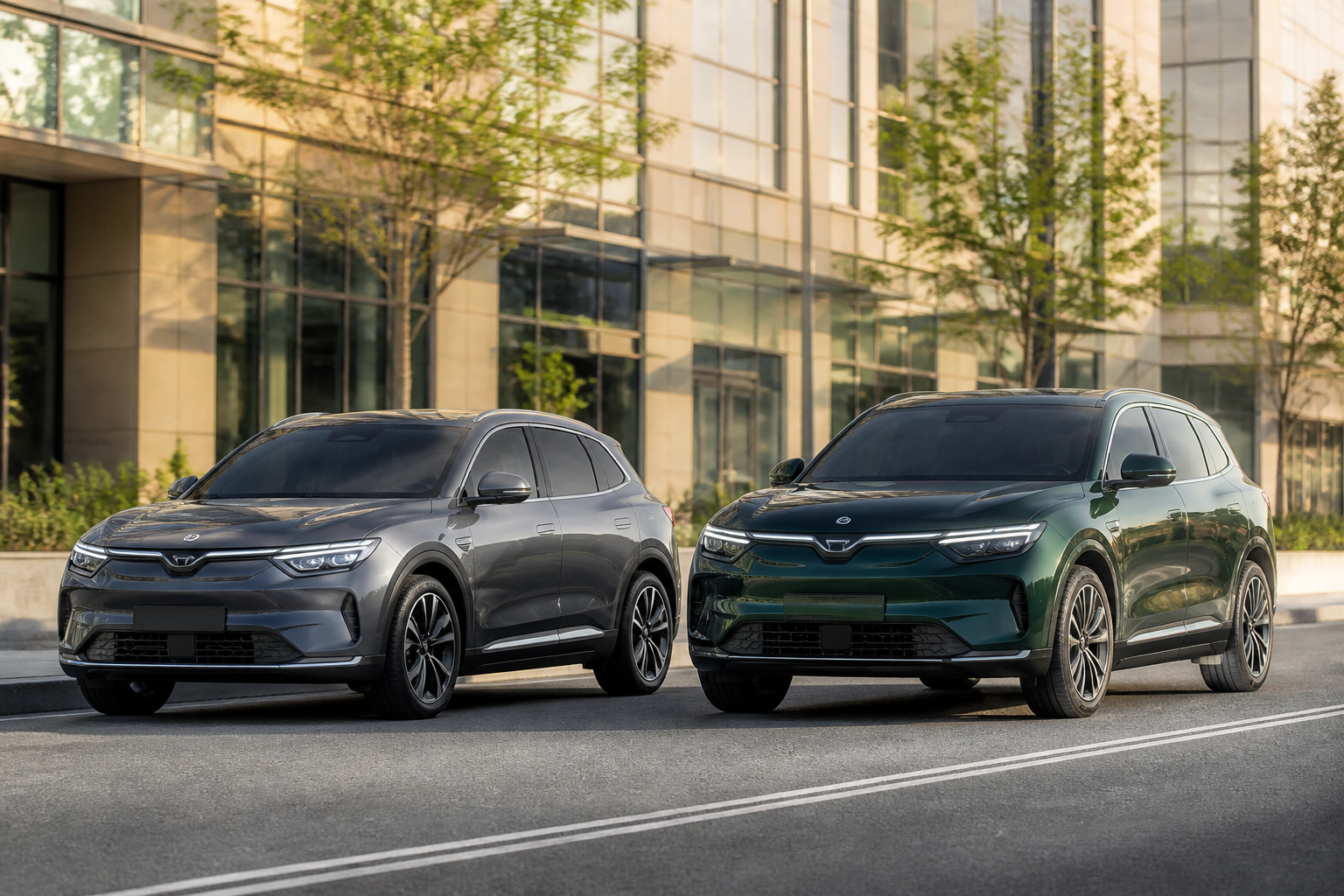 A VinFast VF 8 and VF 9 parked side-by-side on a modern city street, highlighting their sleek design and electric vehicle presence.