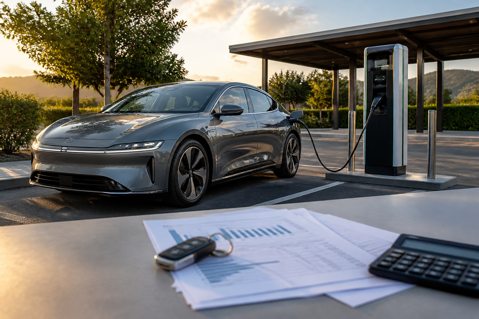 Electric vehicle parked near a modern charging station with insurance documents nearby
