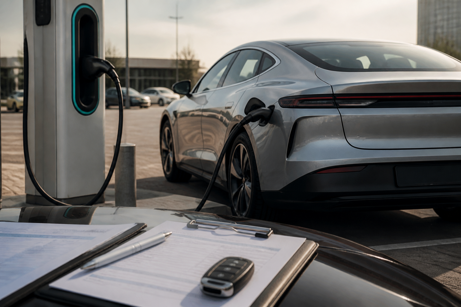 Electric vehicle parked near a modern charging station with insurance documents nearby