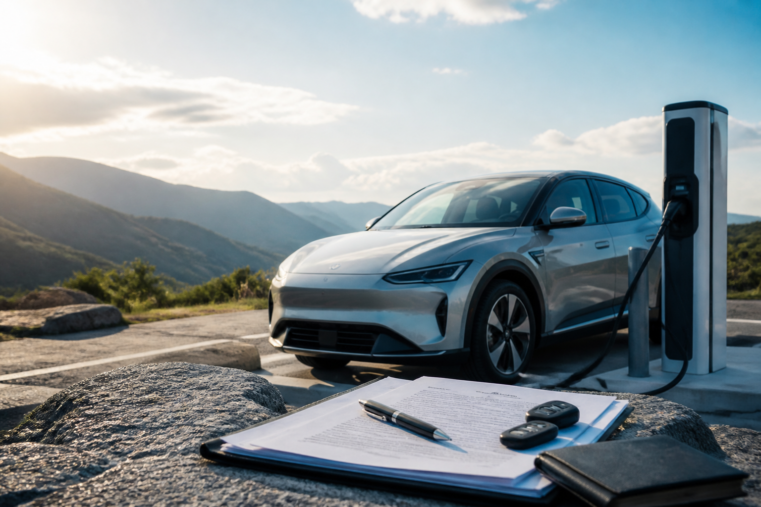 Electric vehicle parked near a modern charging station with insurance documents nearby