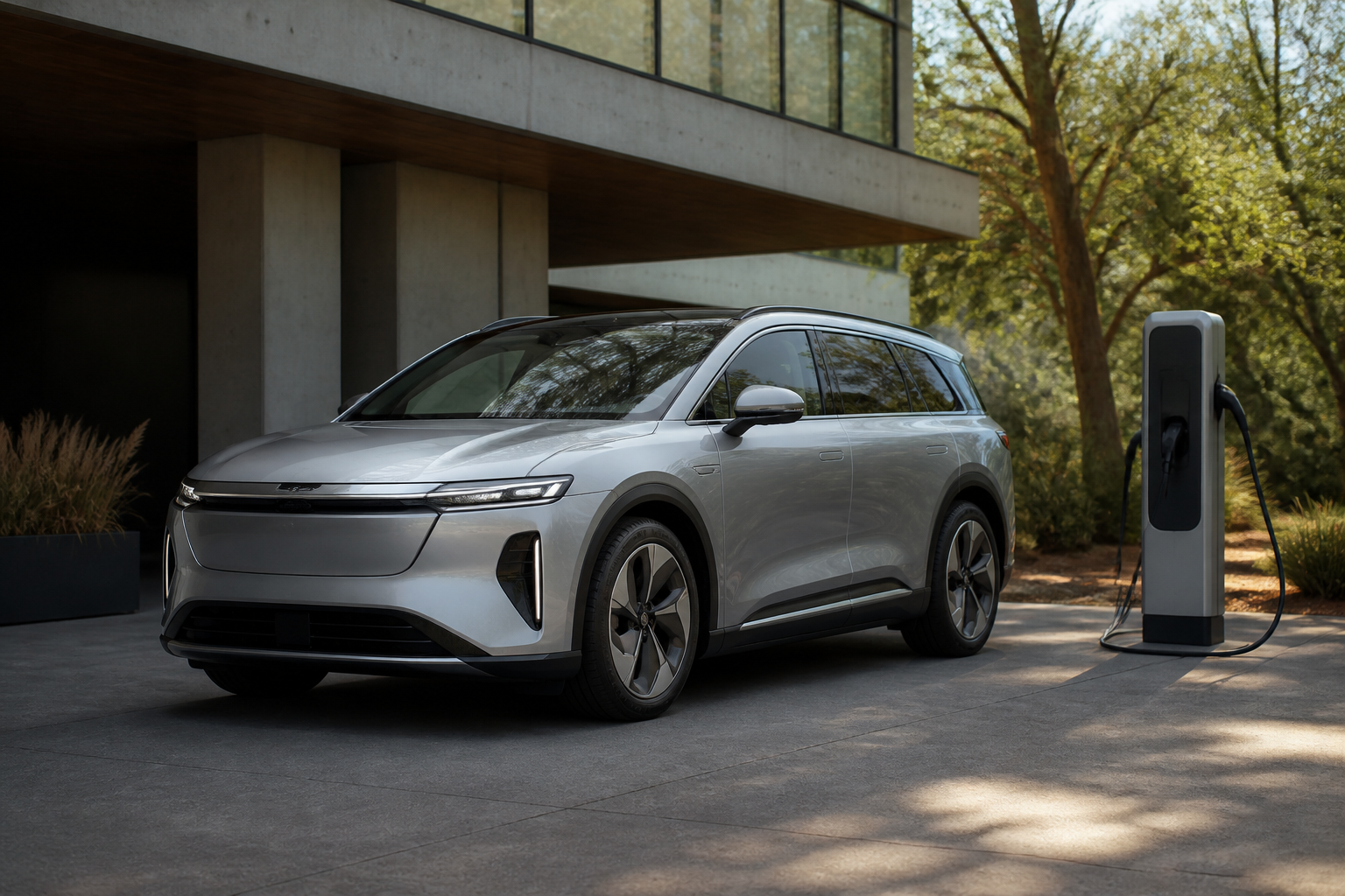 A sleek, silver Lucid Gravity electric SUV parked in front of a modern architectural building with a charging station visible.