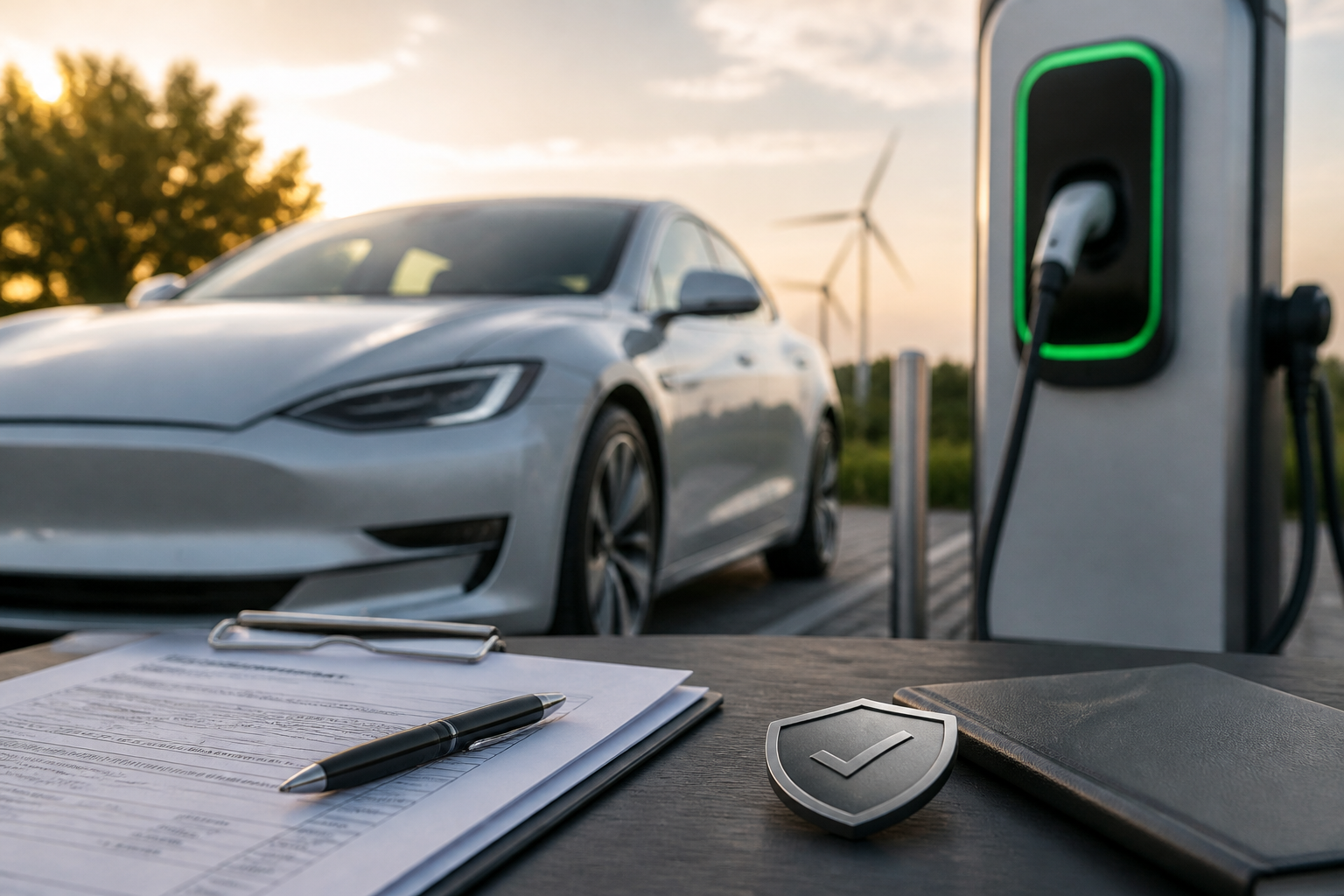 Electric vehicle parked near a modern charging station with insurance documents nearby