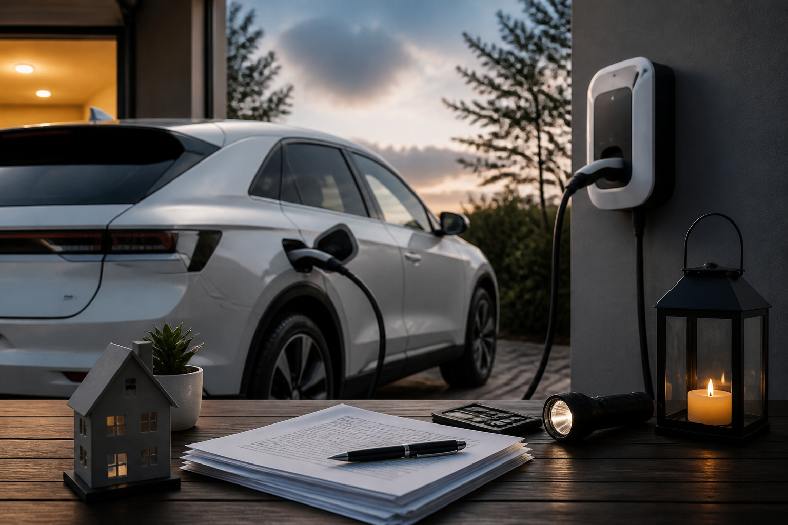 Electric vehicle parked near a modern charging station with insurance documents nearby