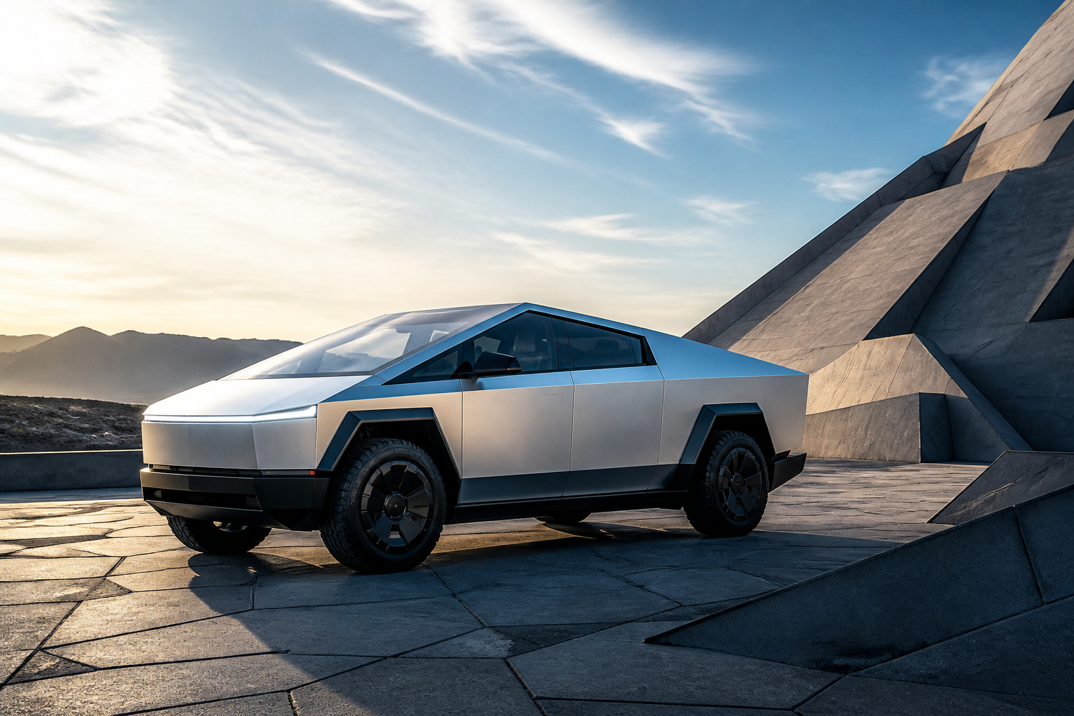 A Tesla Cybertruck parked on a futuristic, angular landscape, reflecting sunlight off its stainless steel body.
