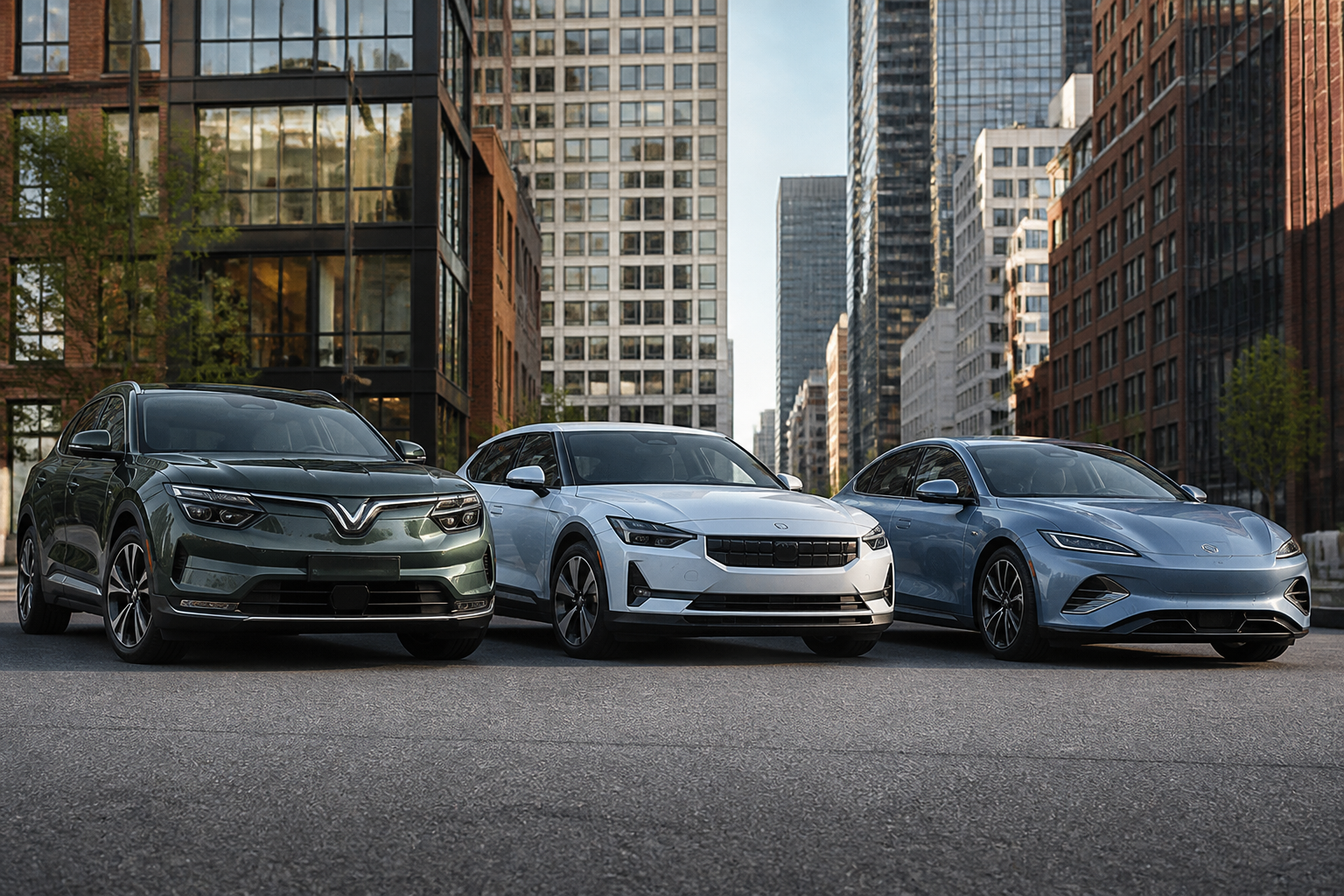 A VinFast VF 8, a Polestar 2, and a BYD Seal parked side-by-side on a street, showcasing their distinct designs with urban buildings in the background.