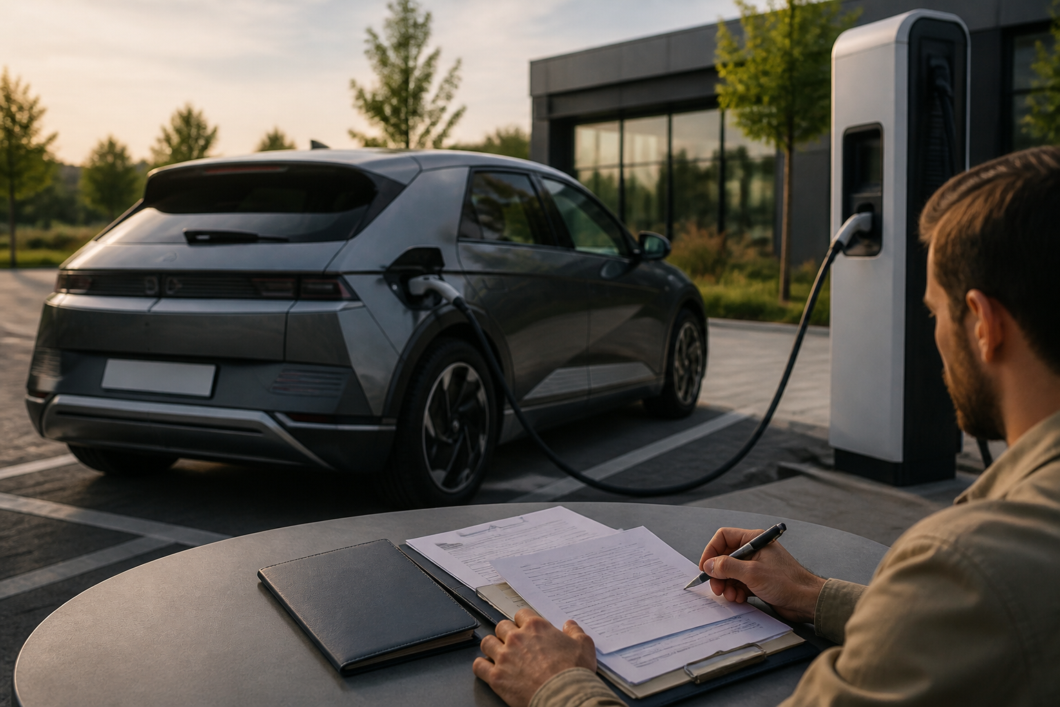 Electric vehicle parked near a modern charging station with insurance documents nearby