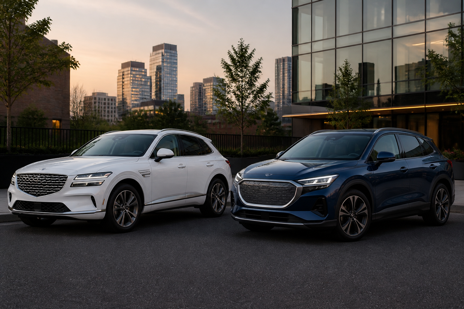 A side-by-side view of a white Genesis GV70 Electrified and a blue Audi Q4 e-tron parked on a modern city street at dusk, illustrating a direct comparison between the two luxury electric SUVs.