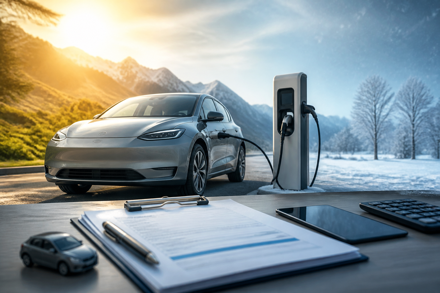Electric vehicle parked near a modern charging station with insurance documents nearby