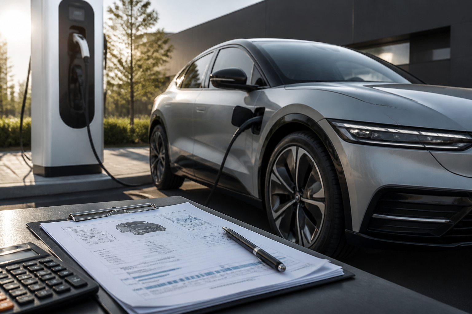 Electric vehicle parked near a modern charging station with insurance documents nearby