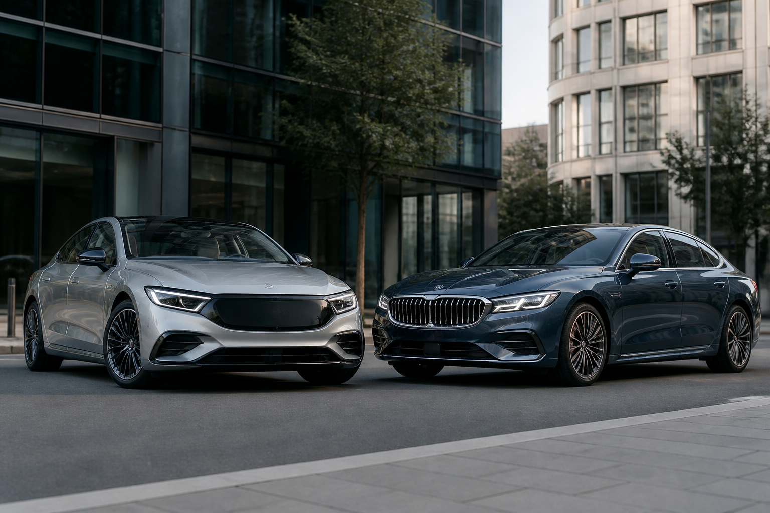Front three-quarter view of a silver Mercedes EQE sedan parked next to a dark blue BMW i5 sedan on a city street, with modern architecture in the background.
