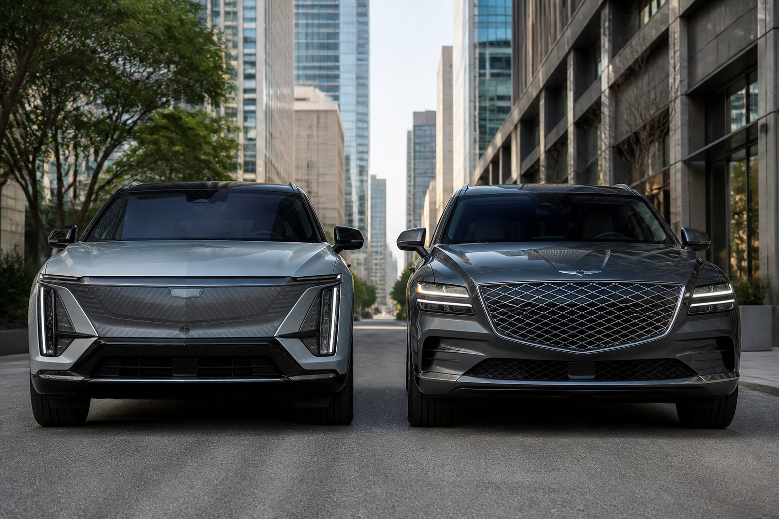 A split image showing the front profiles of a silver Cadillac Lyriq and a dark gray Genesis Electrified GV70, parked side-by-side on a city street.