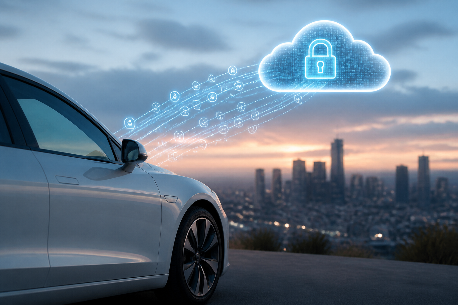 A stylized digital representation of an electric vehicle's data streams flowing into a cloud, with a lock icon overlaid, symbolizing data privacy and security.